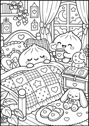 A sleepy dumpling snuggles under a patterned blanket with pillows, a stuffed bunny, and stars at the window.