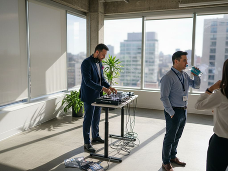 Corporate DJ mixing at office daytime event
