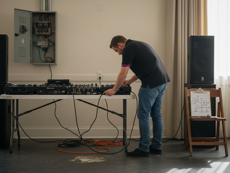 DJ checking power setup before equipment