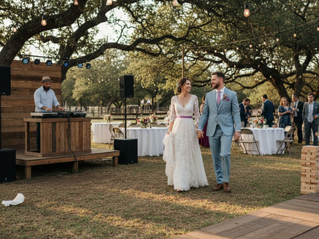 Bride, groom and DJ at rustic Texas outdoor wedding