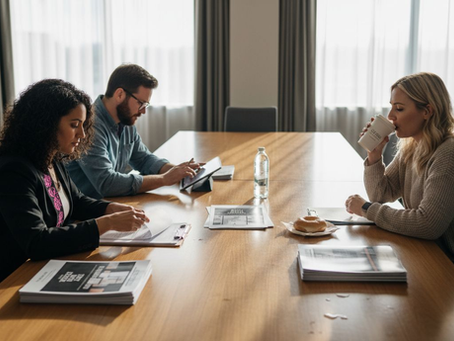Event planners meeting with samples and coffee