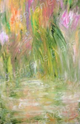 Floral-inspired painting with soft green strokes and pink blossoms suggesting movement in a natural setting.