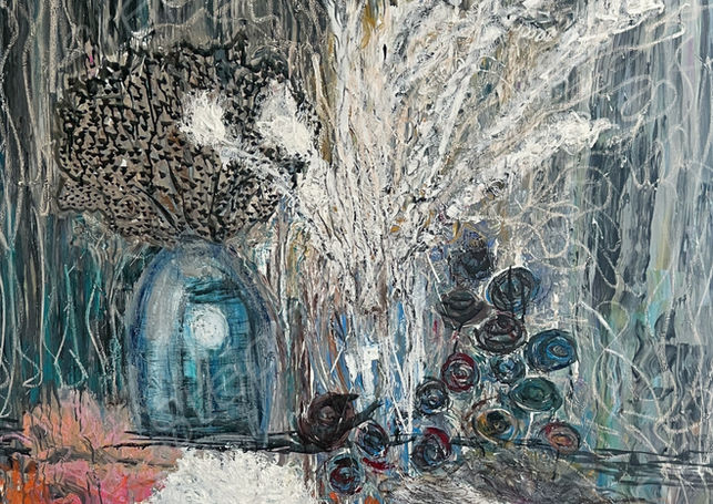 Textured abstract floral painting in white, blush, and deep green against a dark background.