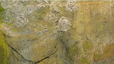 Floral painting with pale cream flowers and muted green tones, painted with textured, layered brushstrokes.