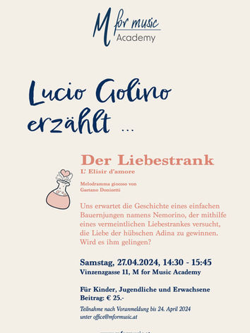 Flyer eines Workshops zur Musikvermittlung an der M for Music Academy. Der Liebestrank. L'Elisir d'amore. Donizetti.