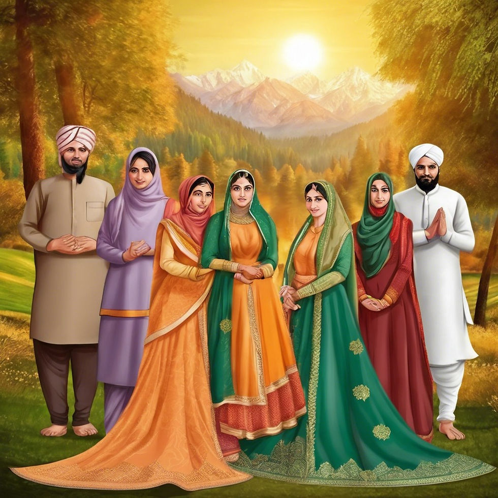 men and women from different cultures in Kashmir are standing together showing unity