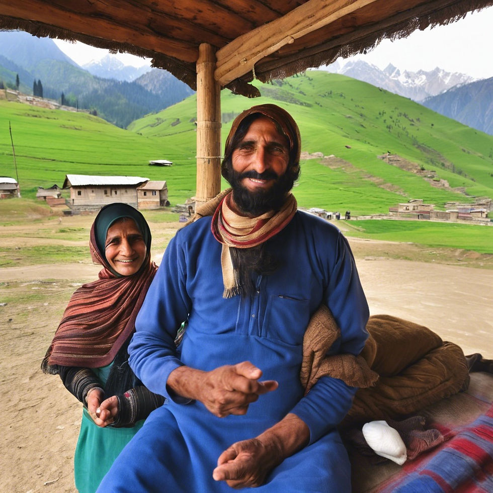 A middle aged man in blue color kashmiri dress sitting with a mid aged woman looking at the camera and smiling.