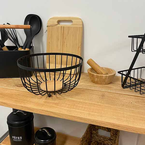 Miniature : Corbeille à fruits métal noir base bois ø25cm