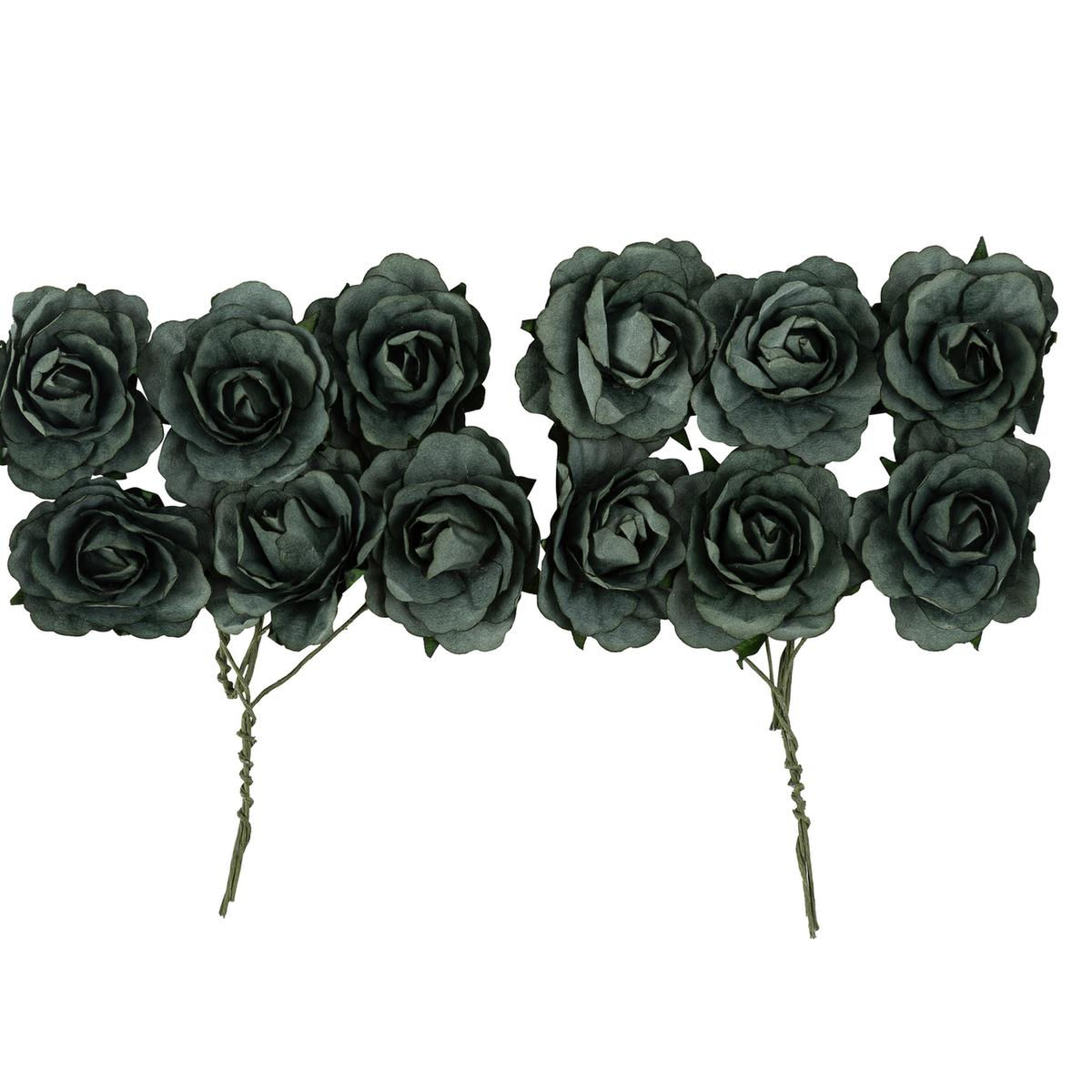 12 Roses Papier Vert Sauge Ø3,5cm sur Tiges