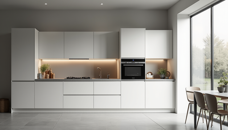 Eye-level view of a sleek German kitchen with minimalist cabinetry and integrated appliances