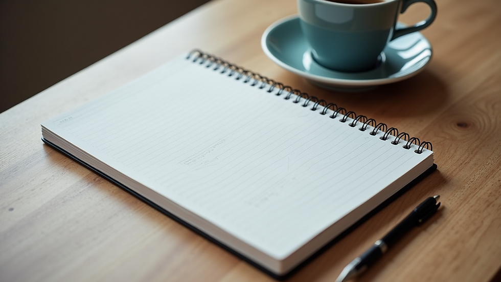 High angle view of a desk with a notebook, coffee cup, and social media planning materials