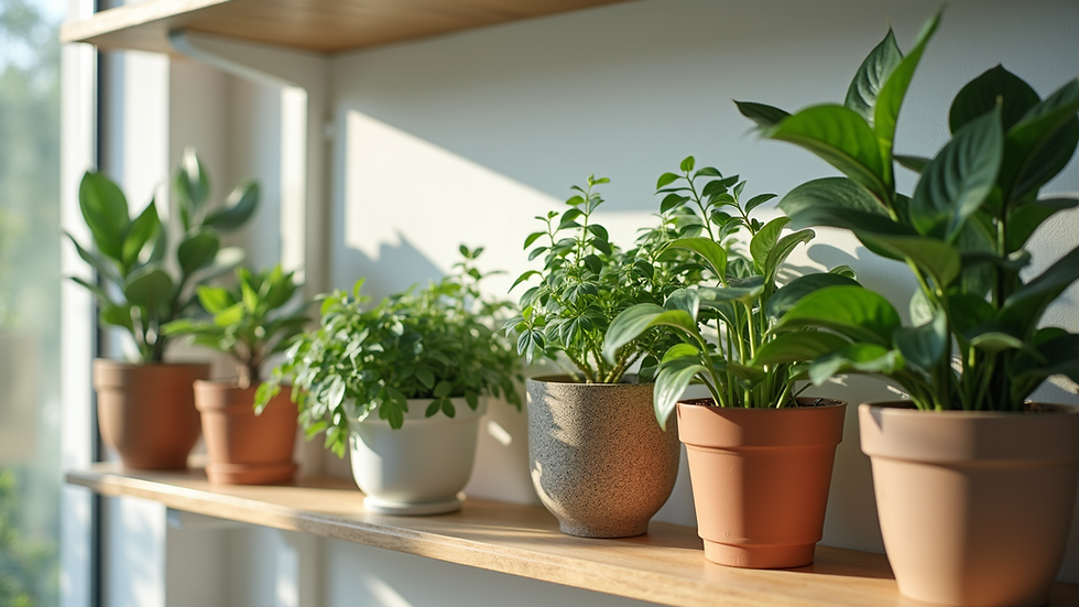 Eye-level view of a shelf with a mix of easy-care and decorative indoor plants