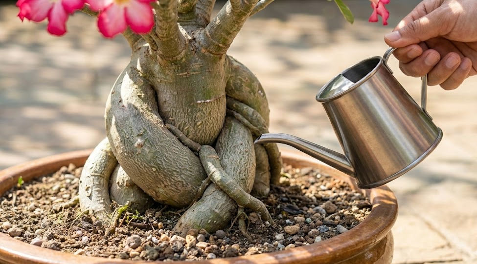 Hand watering a potted bonsai tree with pink blooms using a small metal watering can. The setting is outdoors with a sunlit background.