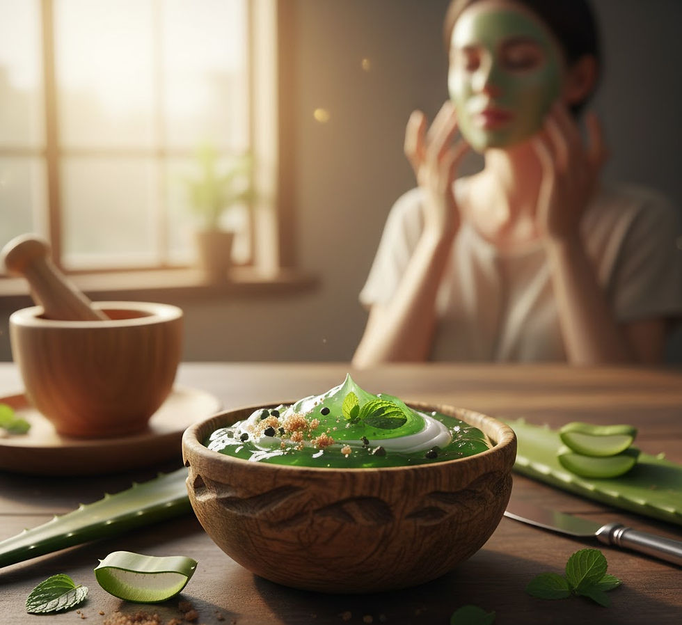 A woman with a green face mask relaxes near a window. In the foreground, a wooden bowl with mint leaves and aloe is on the table. Soft light.