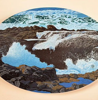 Original oil painting of a rockpool where crashing waves against the rock create giant waves in the air.