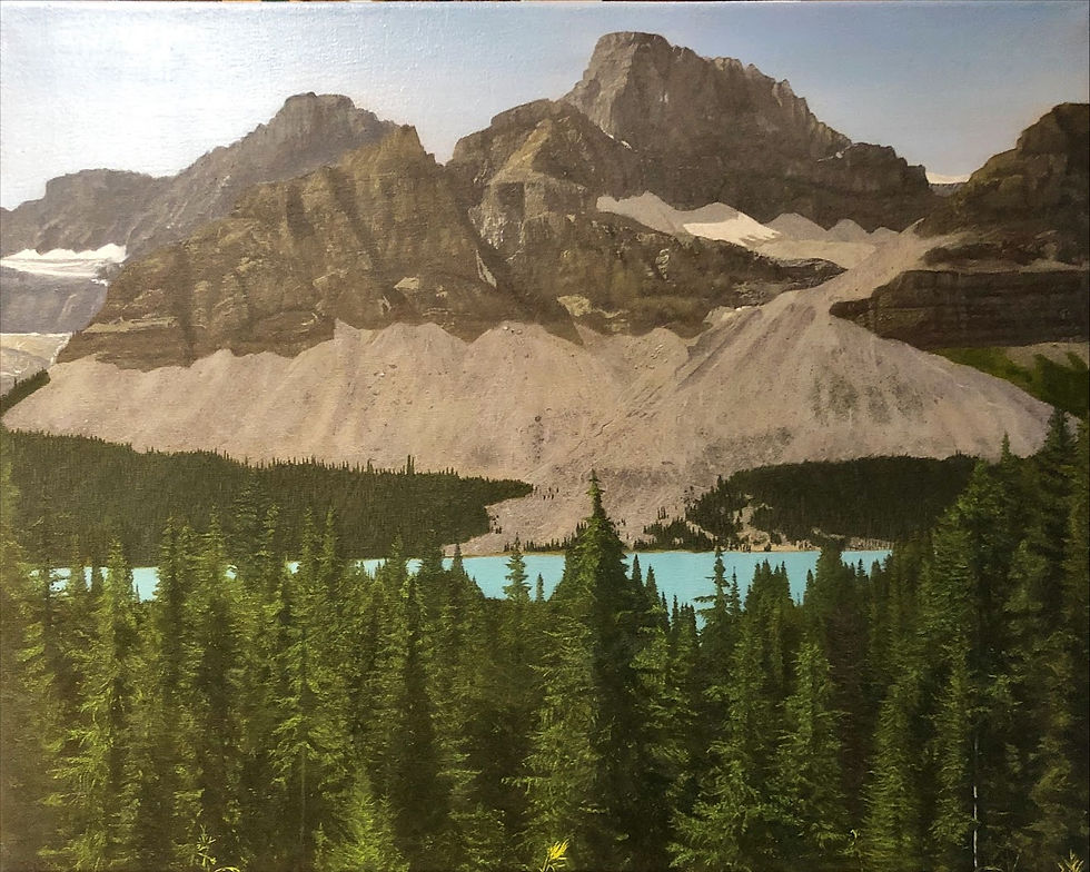 Original oil painting of one of Canada’s mountains with a turquoise blue lake below. The foreground shows a wall of evergreen trees.