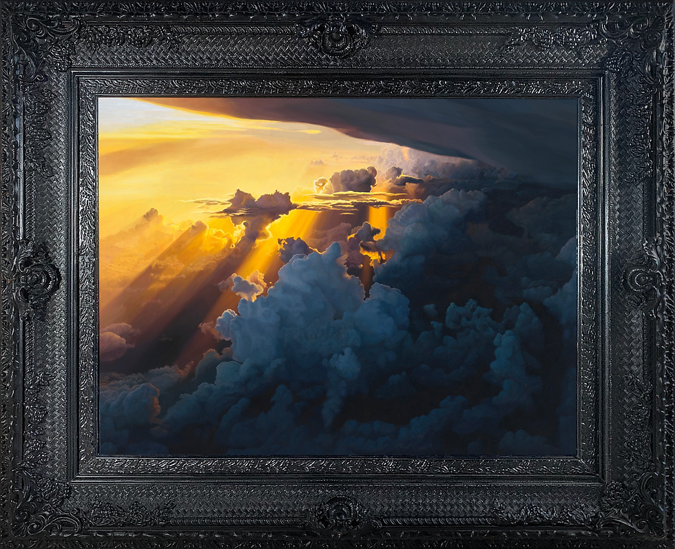 Original oil painting of an aerial view featuring a dark storm cloud and golden rays of light shooting across the sky