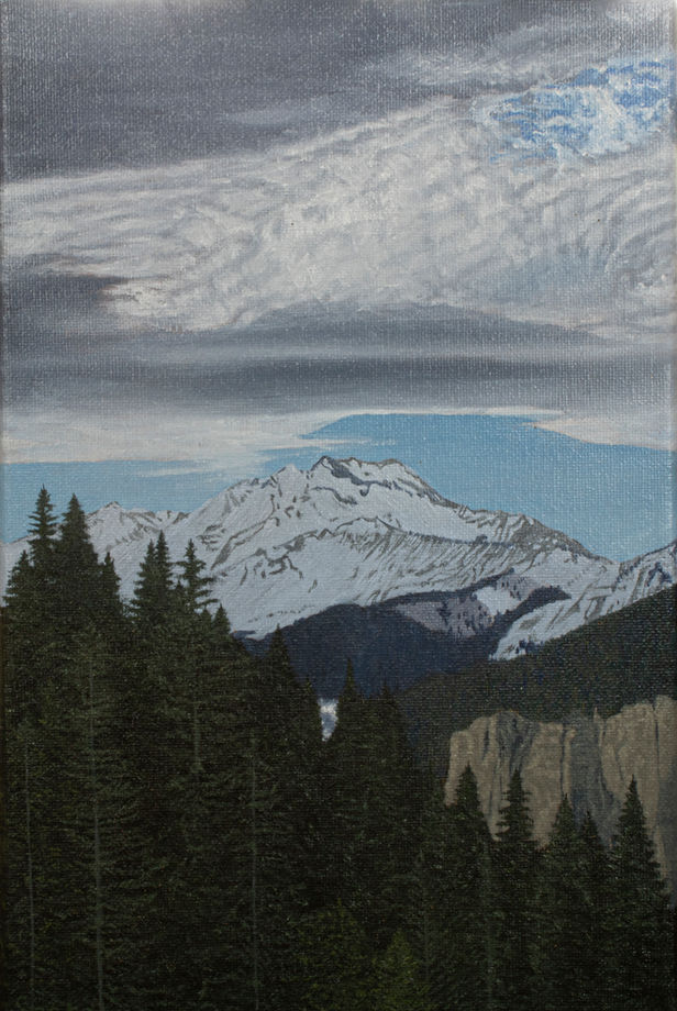 Original oil painting of the French alps. A snow-covered mountain sites centred with clouds above. The foreground shows a forest of dark green evergreen trees.