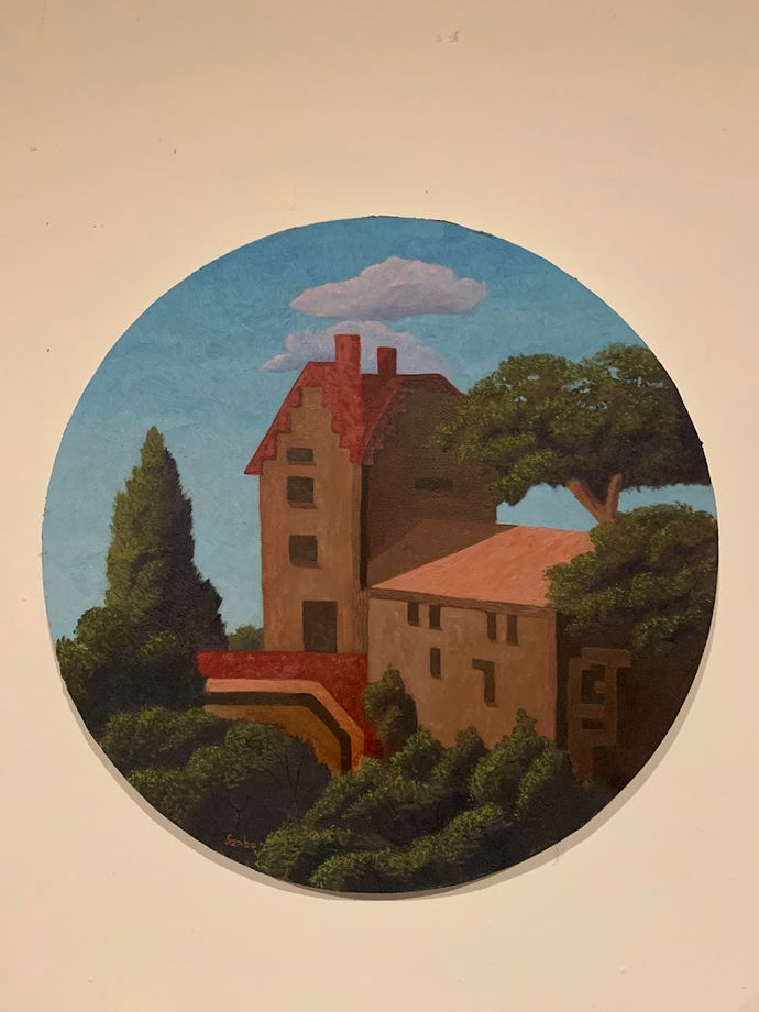 Original oil painting of a red and pink roofed house surrounded by tall green trees.