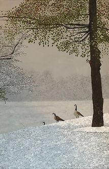 Original oil painting featuring three geese standing under a tree during winter. The ground is compact with snow and the background is a field of snow with a wall of misty trees.