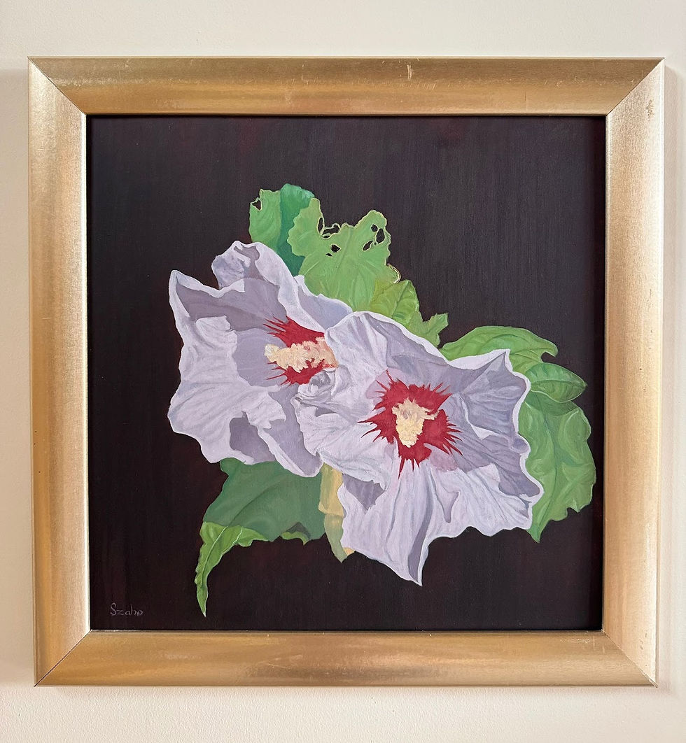 Original oil painting of two hibiscus flowers on a black background and green caterpillar on the top of a leaf eating it.