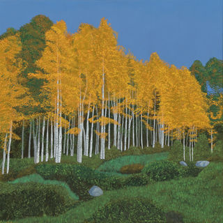 Original oil painting of a forest of golden aspen trees against a backdrop of a deep blue sky. In the foreground are deep green bushes and rocks.