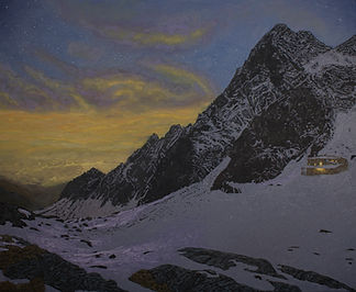 Original oil painting featuring a Slovakian mountain covered in purple snow at night with distant yellow city lights in the background.