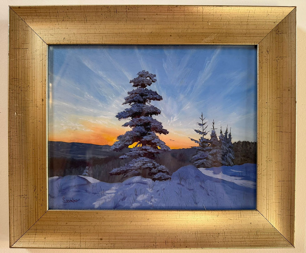 Original oil painting featuring a winter scene with an orange sunset in the background. At the centre a tall snow-covered pine tree stands with smaller pines around it.