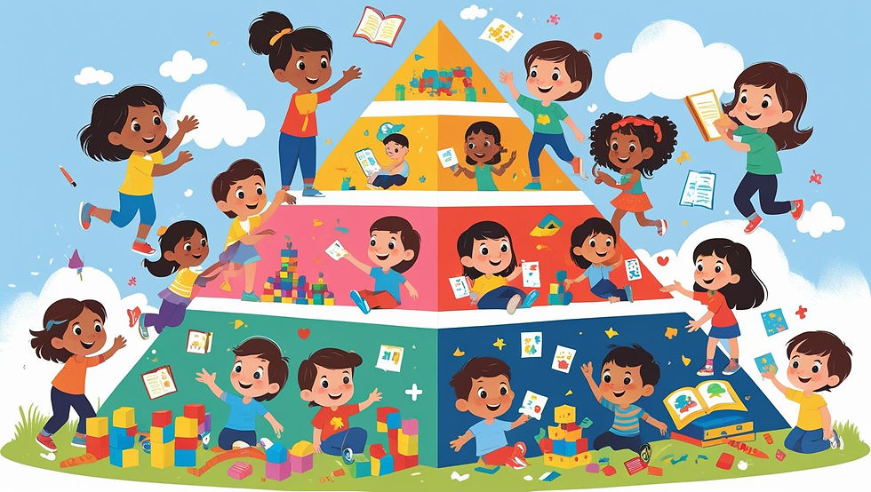 ปิรามิดแห่งการเรียนรู้แสดงให้เห็นว่าการเล่น เพื่อการเรียนรู้ โดยใช้ระบบประสาทสัมผัสในช่วงวัยเด็ก มีความสำคัญอย่างยิ่ง ช่วยให้เด็กพัฒนาทักษะรอบด้าน และเป็นพื้นฐานที่สำคัญของประสบการณ์ และพัฒนาทักษะที่สำคัญ มุ่งสู่การพัฒนาความคิดขั้นสูง (Executive Function Skill)