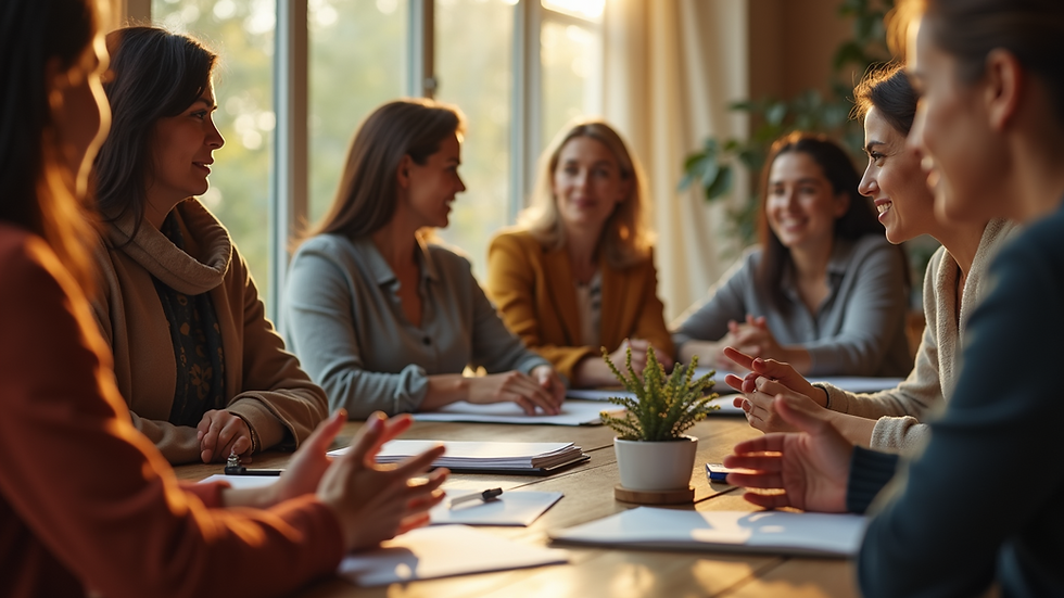 Eye-level view of a vibrant community gathering with women engaging in discussions