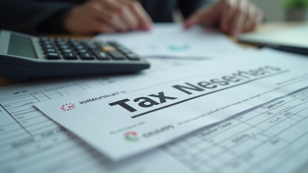 Close-up view of calculator and tax documents on a desk