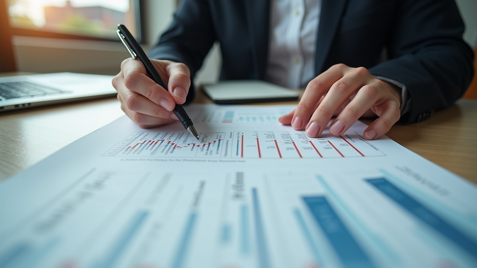 High angle view of a person reviewing financial reports with a pen