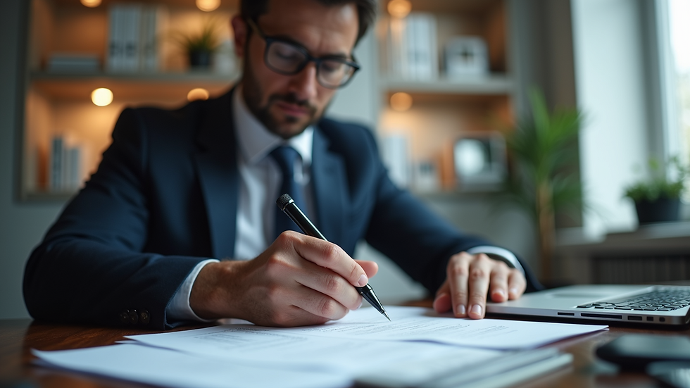 High angle view of a compliance officer reviewing documents in an office