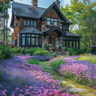 Photographie d’un jardin à l’anglaise : feuillage dense, parterres de fleurs, caractéristiques bien spécifiques à ce style de jardin.