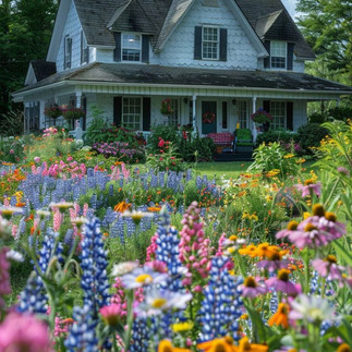 Photographie d’un jardin à l’anglaise : feuillage dense, parterres de fleurs, caractéristiques bien spécifiques à ce style de jardin.
