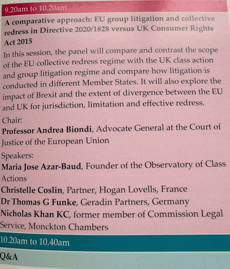 Conference schedule page outlining a panel on EU and UK collective redress and group litigation laws, including speakers and session details.