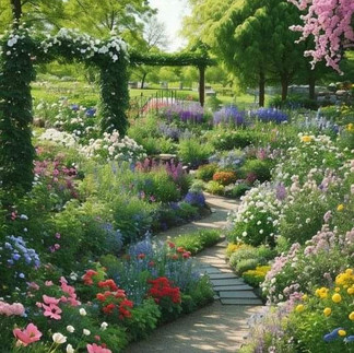 Photographie d’un jardin à l’anglaise : feuillage dense, parterres de fleurs, caractéristiques bien spécifiques à ce style de jardin.