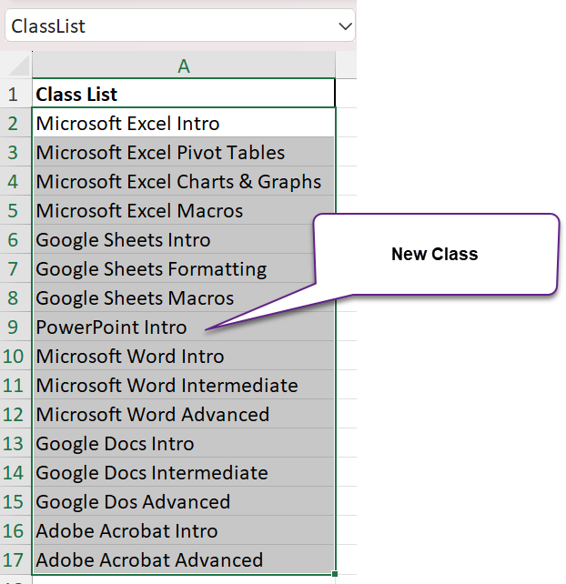 Screen shot of class with, with new class added on row 9