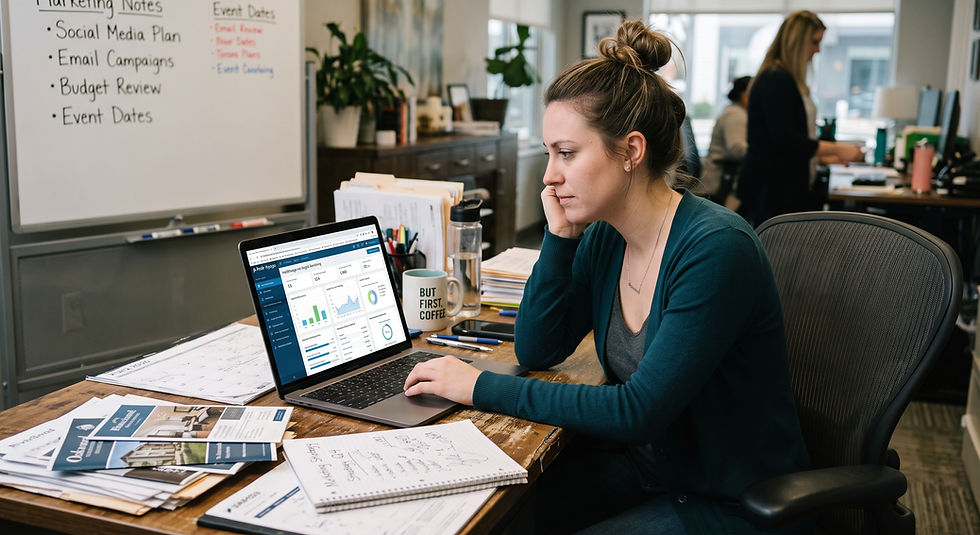 Focused woman works on laptop at an office desk, with marketing notes on whiteboard, papers, and a But First, Coffee mug.