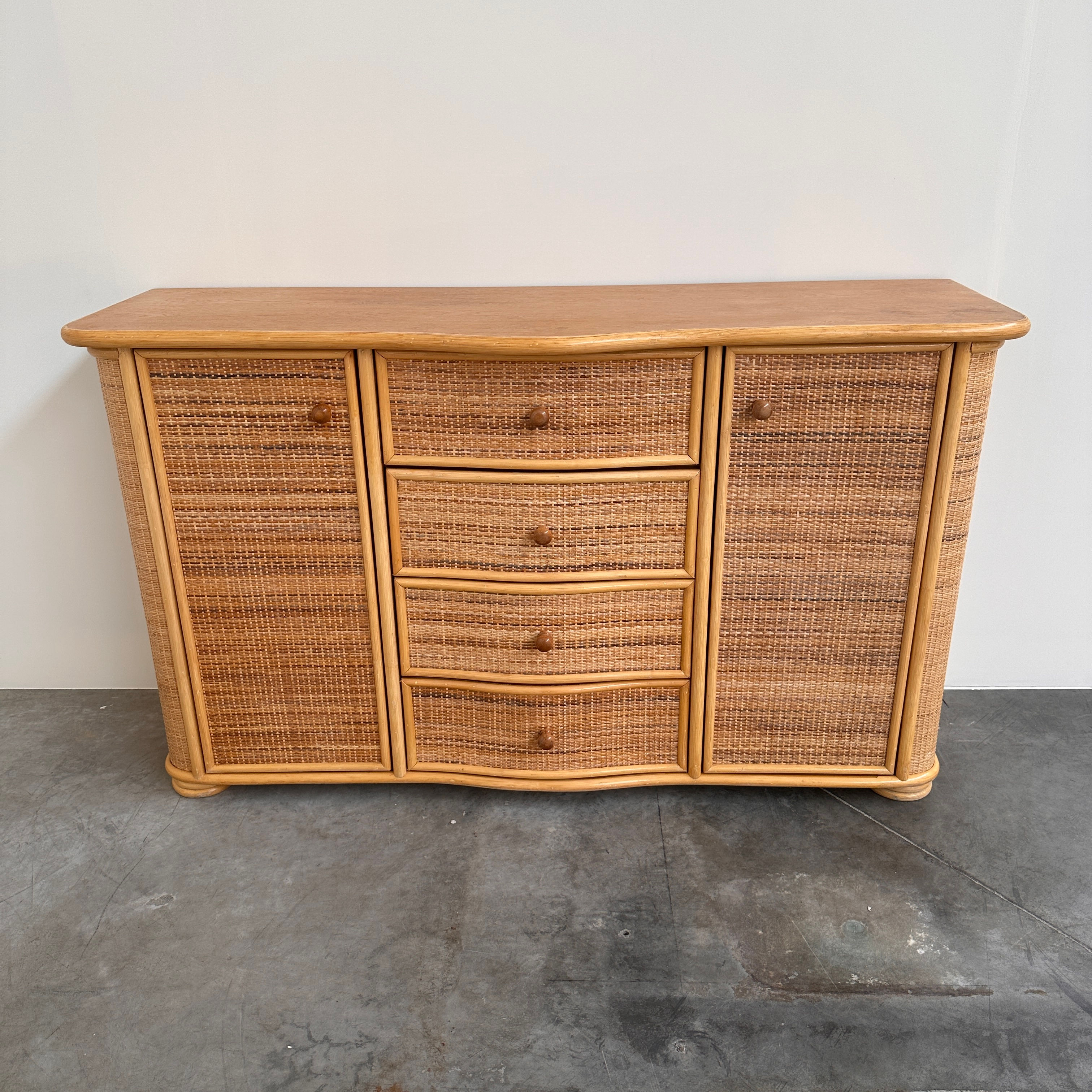 Vintage Curved Rattan Sideboard, Coastal Credenza, Wicker Cabinet, Boho Buffet