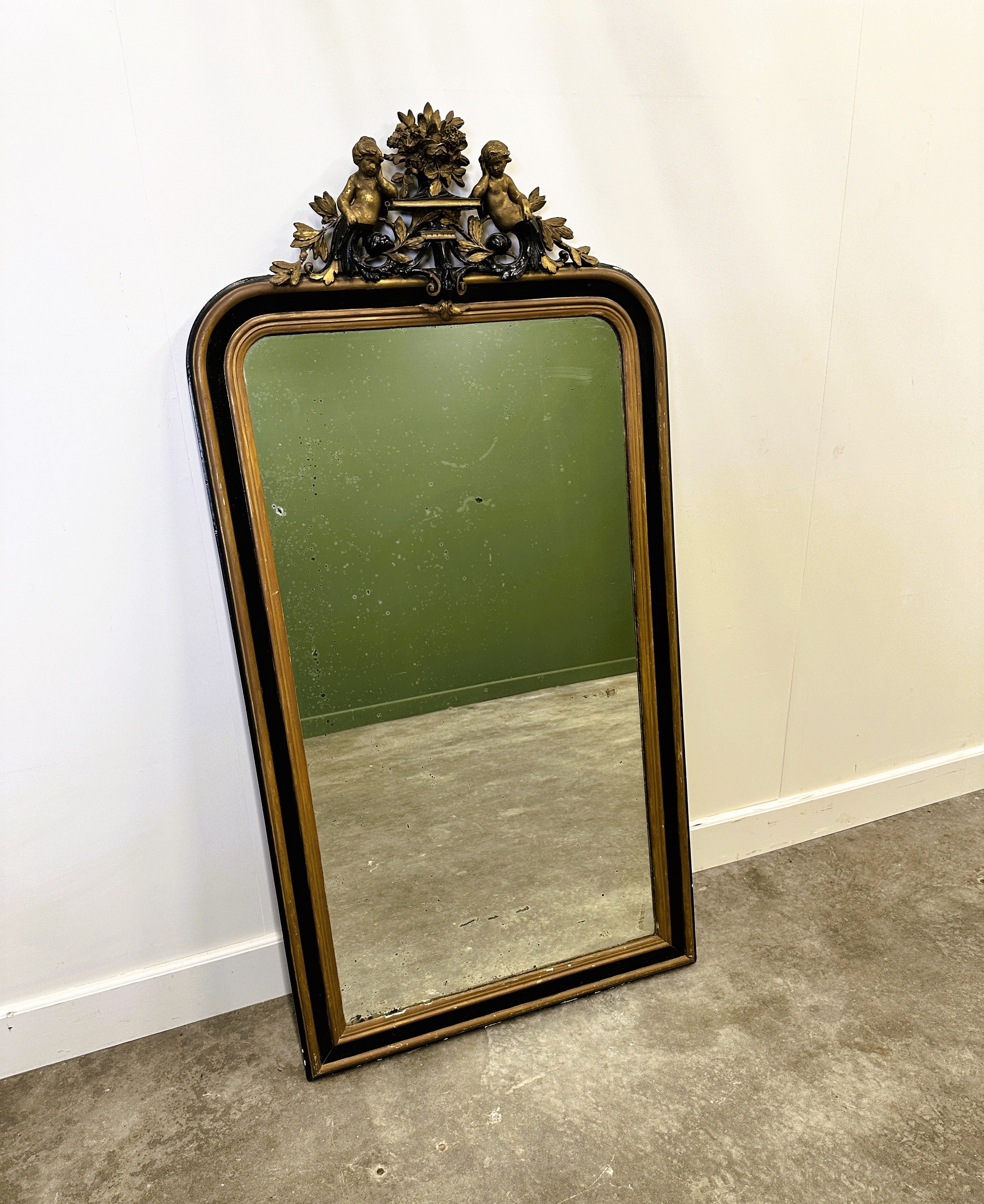 Antique 1800s Black and Gold Mirror with Cupid , France 1800s.