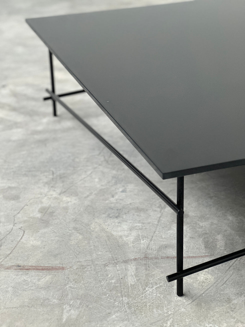 Thumbnail: Minimalist Black Glass Coffee Table with Industrial Metal Base