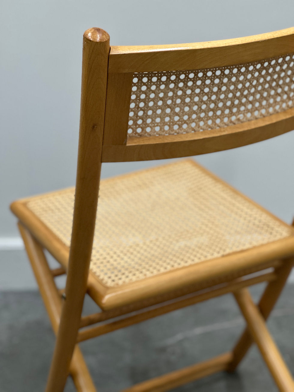 Thumbnail: Rare Set of Four Belgian Folding Chairs in Solid Wood and Hand-Woven Cane, Mid-C