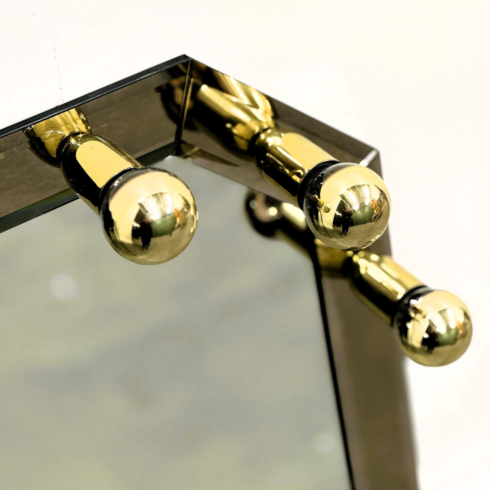 Thumbnail: Vintage German Brass & Smoked Mirror with Architectural Faceted Top, 1980s.