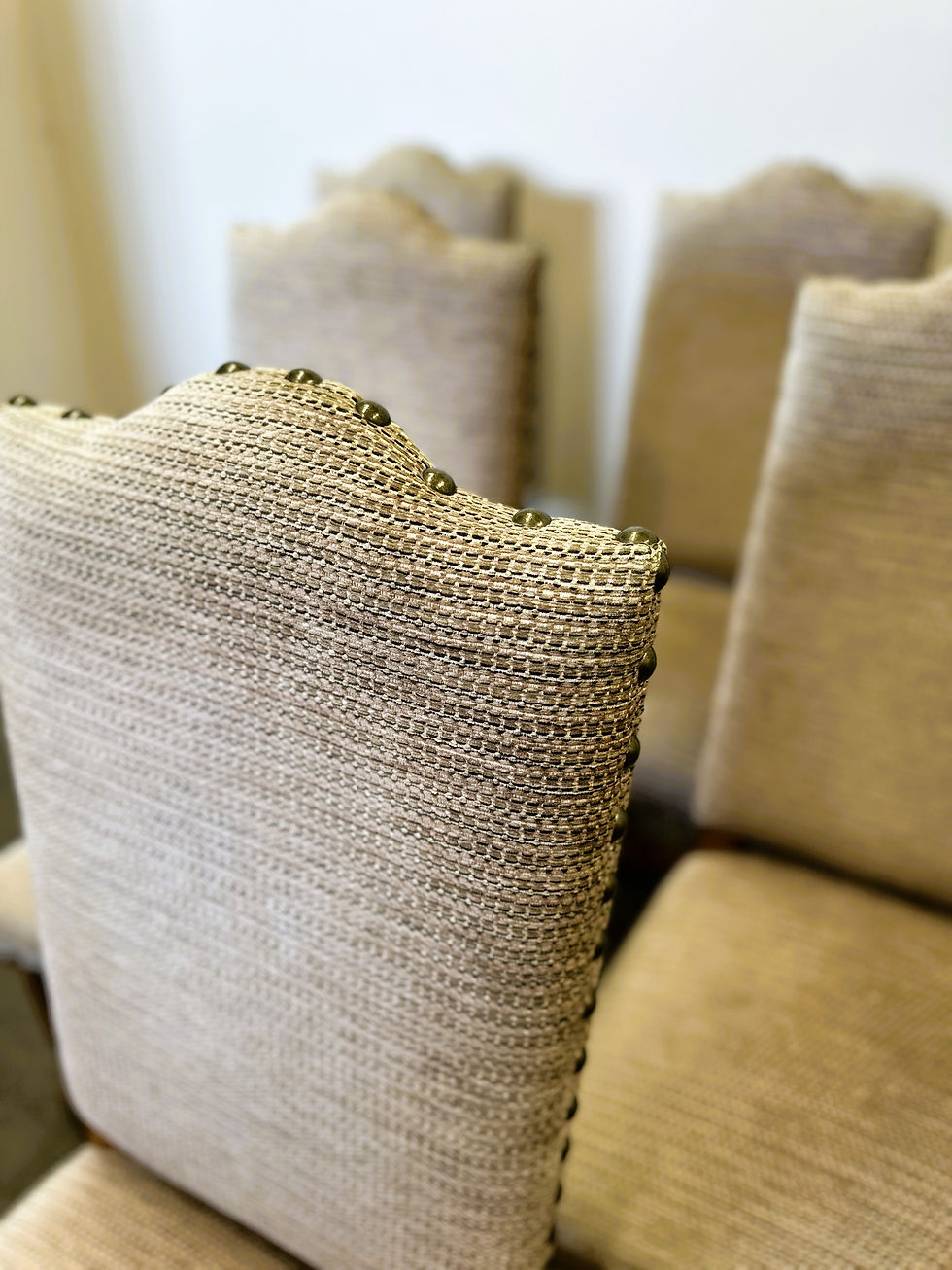 Thumbnail: French Louis XIII Style Oak Dining Chairs With Striped Chenille- Set of 6, 1960s