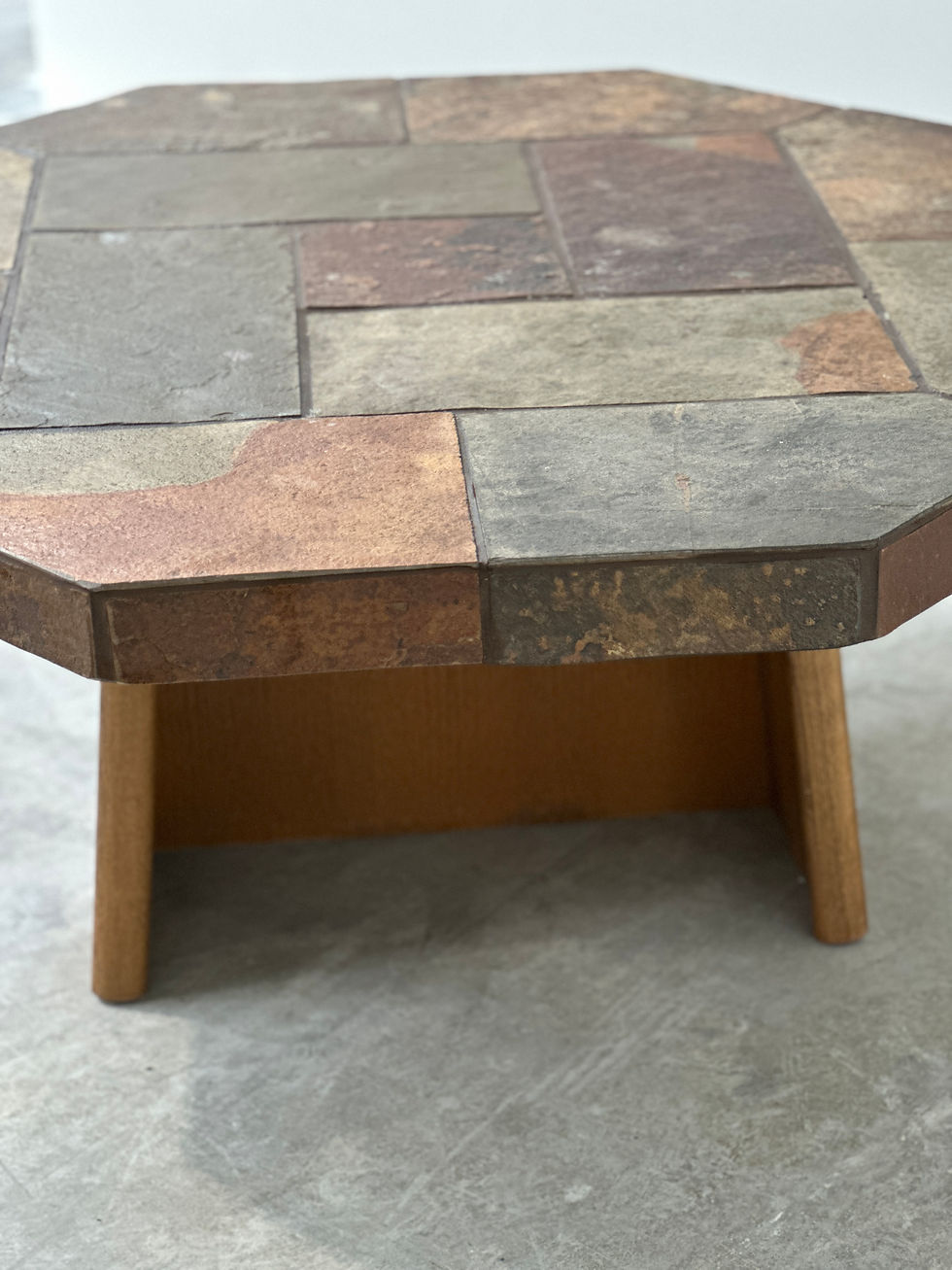 Thumbnail: Large Vintage Slate Mosaic Coffee Table, Oak Pedestal Base, Brutalist Octagonal