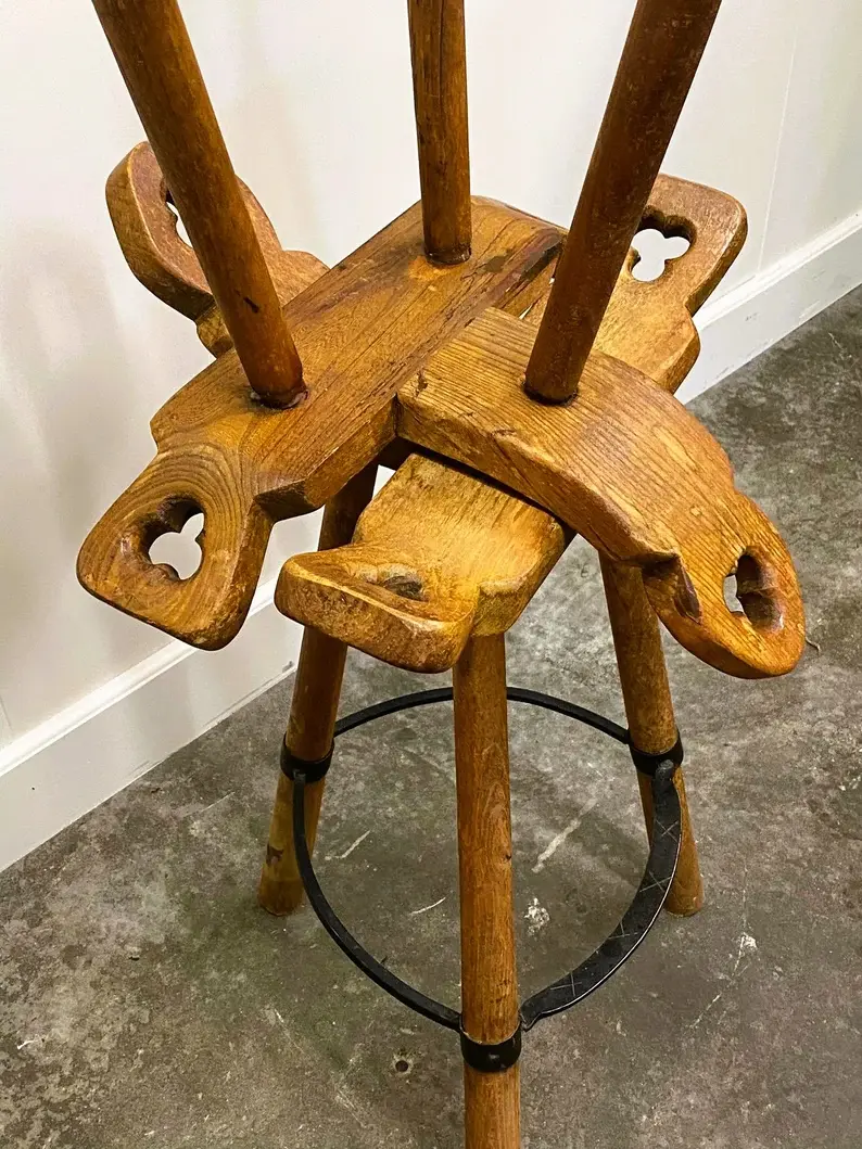Thumbnail: Pair Of Brutalist Carved Wood Bar Stools.
