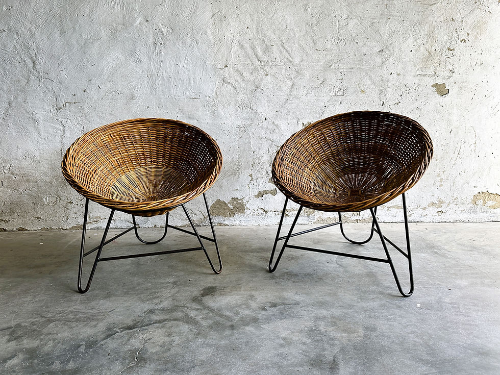 Thumbnail: Pair of rattan basket chairs on hairpin legs, France 1950s.