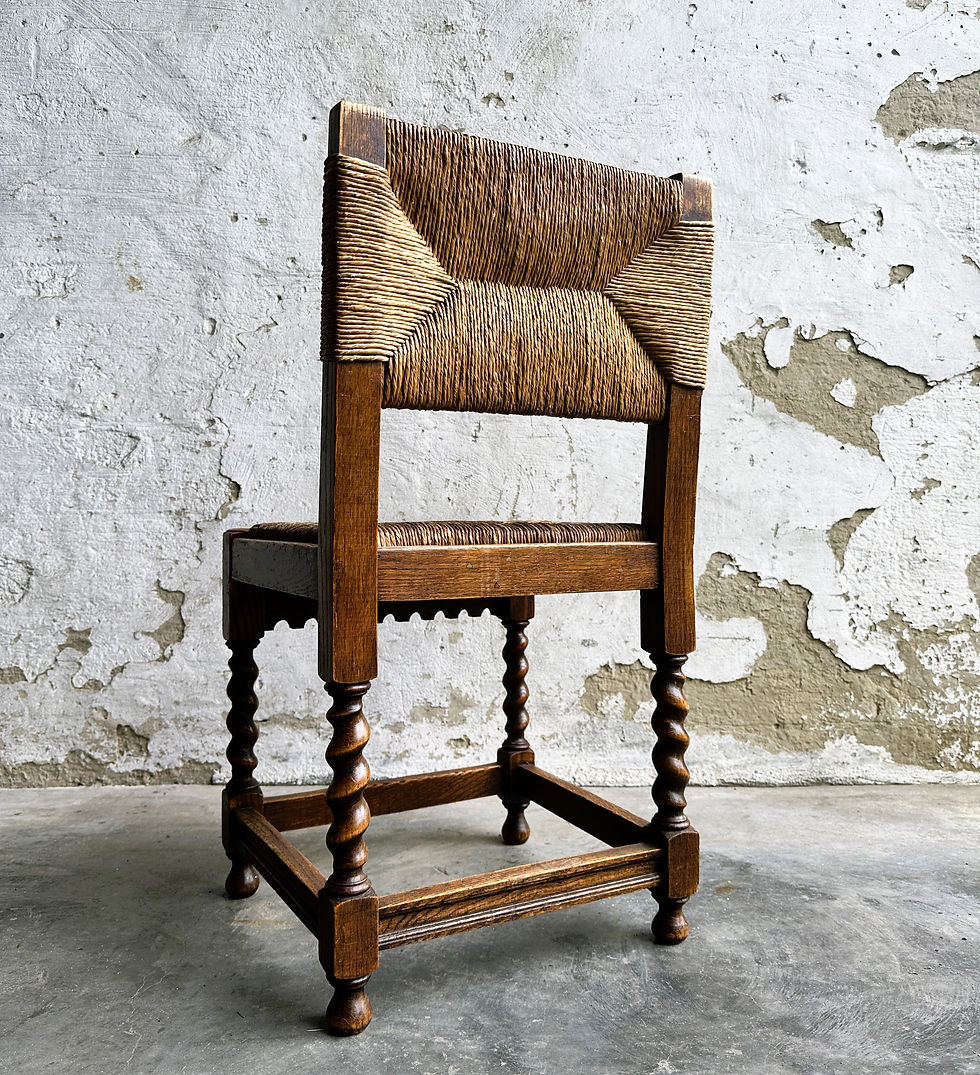 Thumbnail: Set of 5 Antique Rush Seat Oak Dining Chairs with turned and scalloped details,