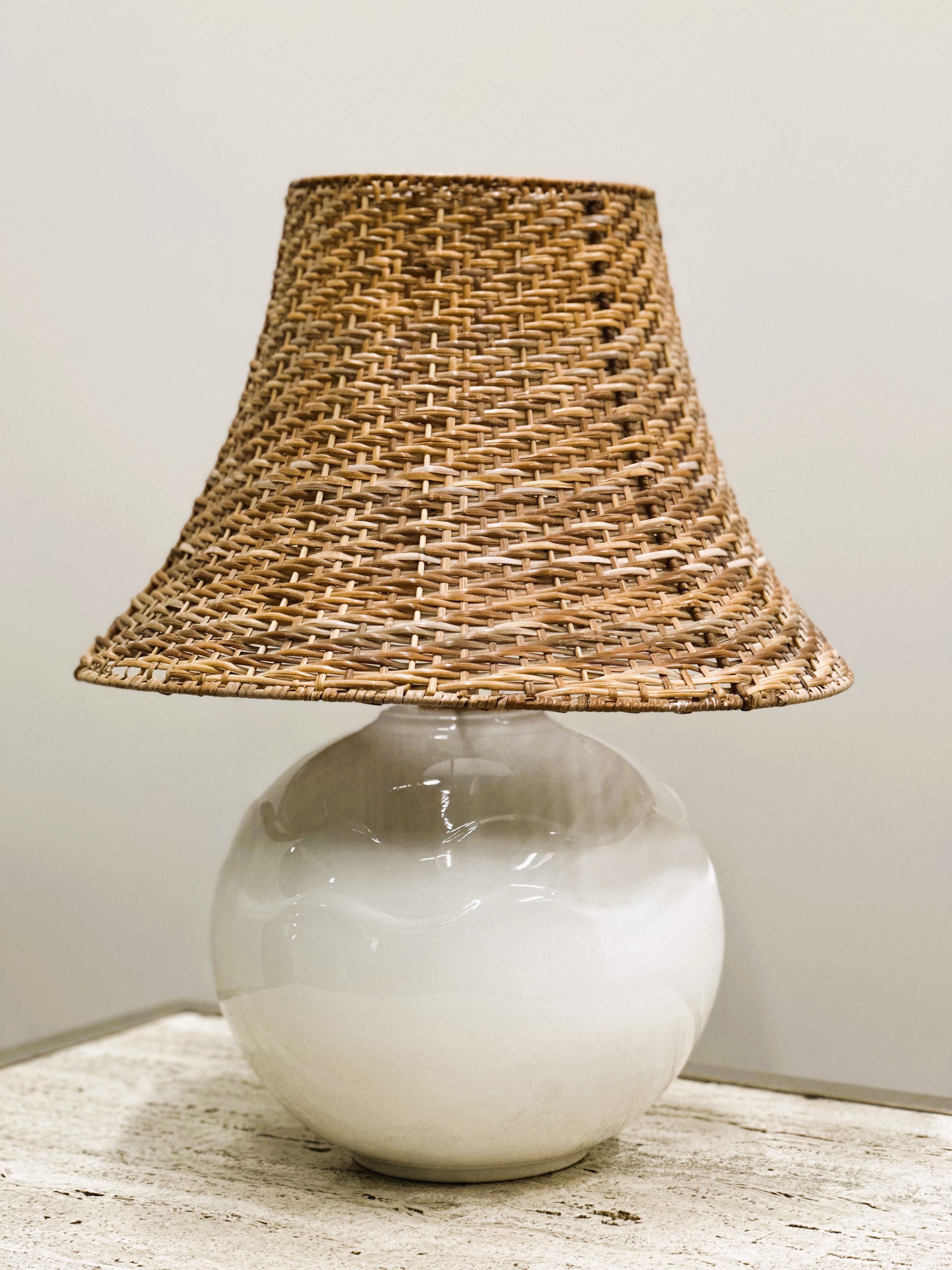 Vintage Ceramic Table Lamp with Rattan Shade, 1980s.